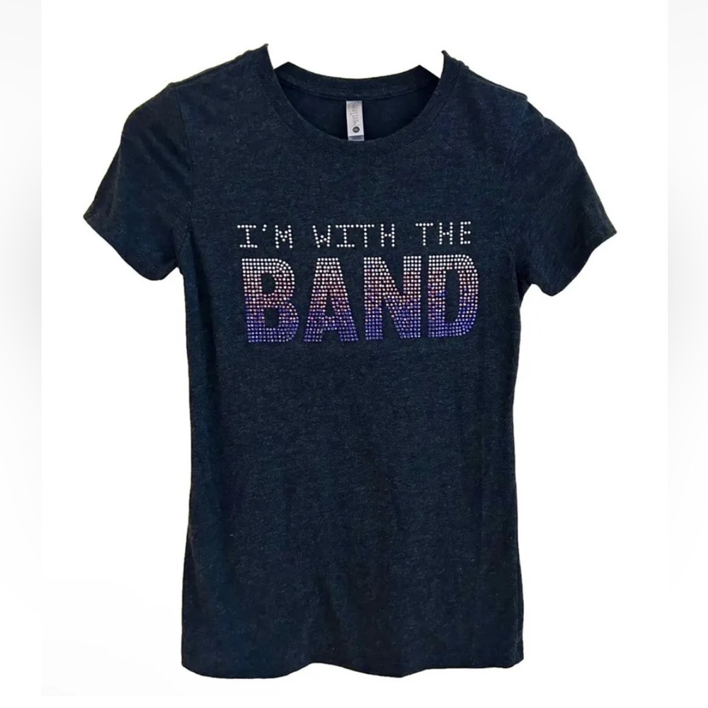 ‘I’m With The Band’ Rhinestone T Shirt in Dark Charcoal Grey, NWOT New- Size XS